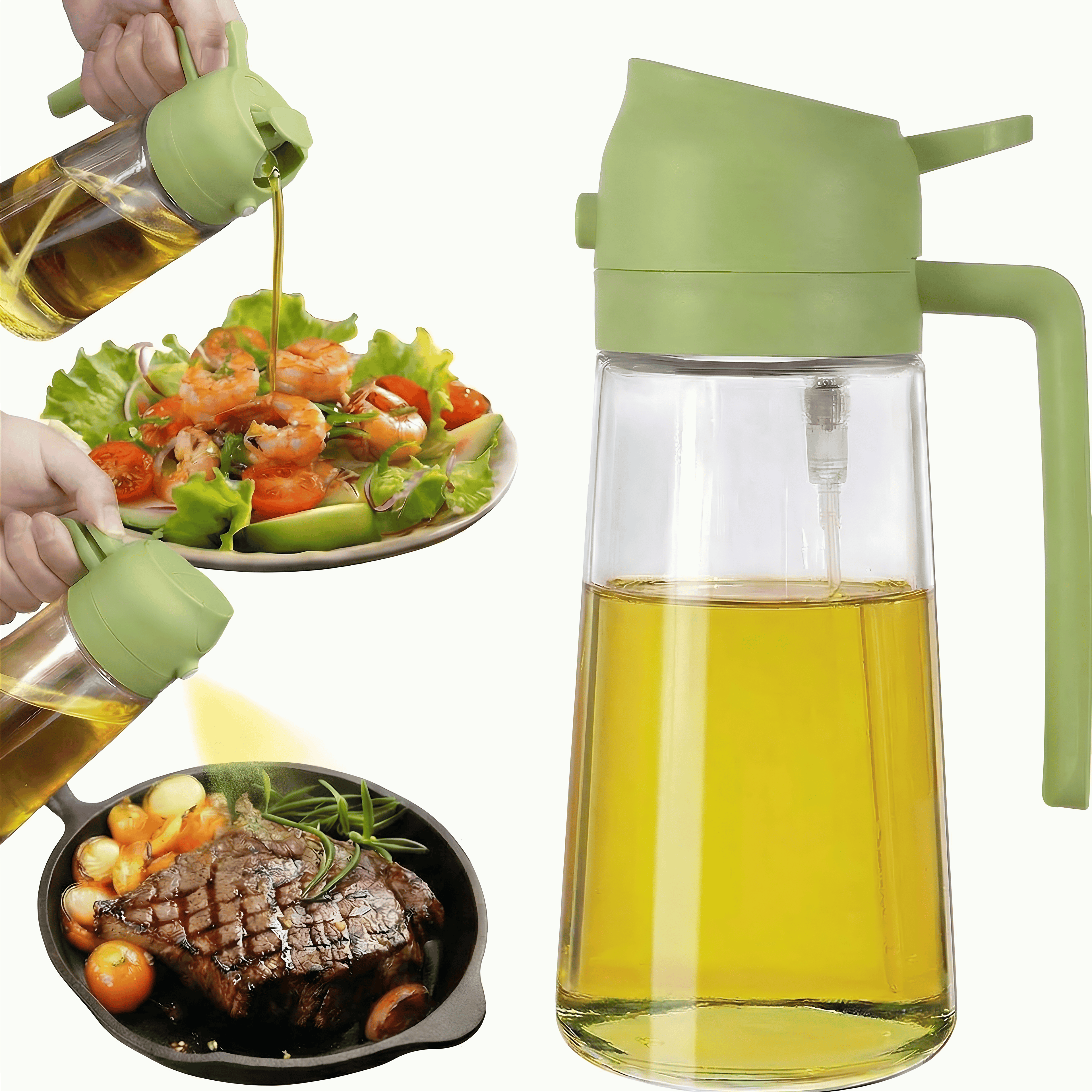 Green oil dispenser with a dish of salad and pan of steak in the background