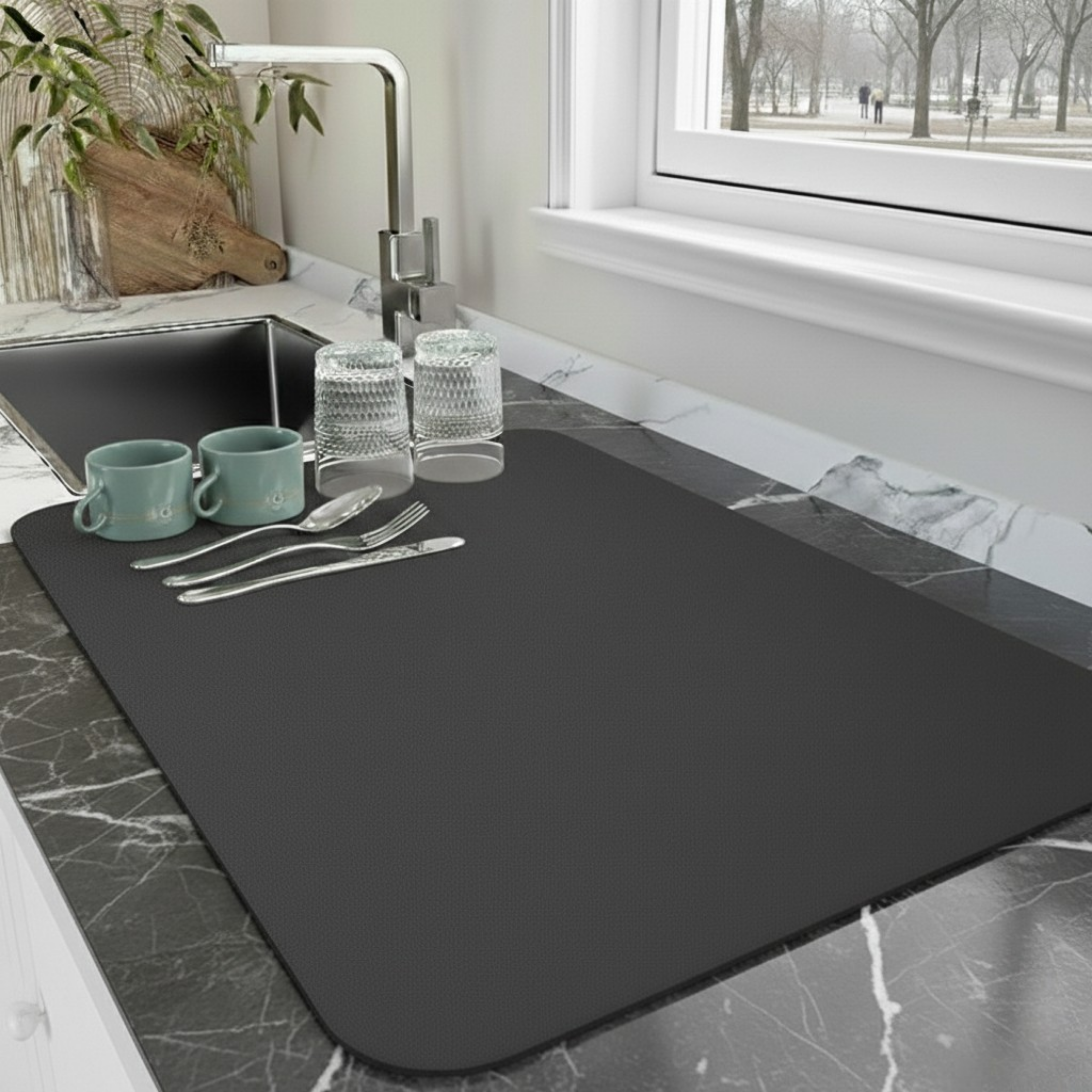 KINHOMS Kitchen Countertop Drying Mat, Super Absorbent Quick Dry Sink Mat, Anti-Slip Rubber Backing, Cut to Size, 60 x 40 cm, Black
