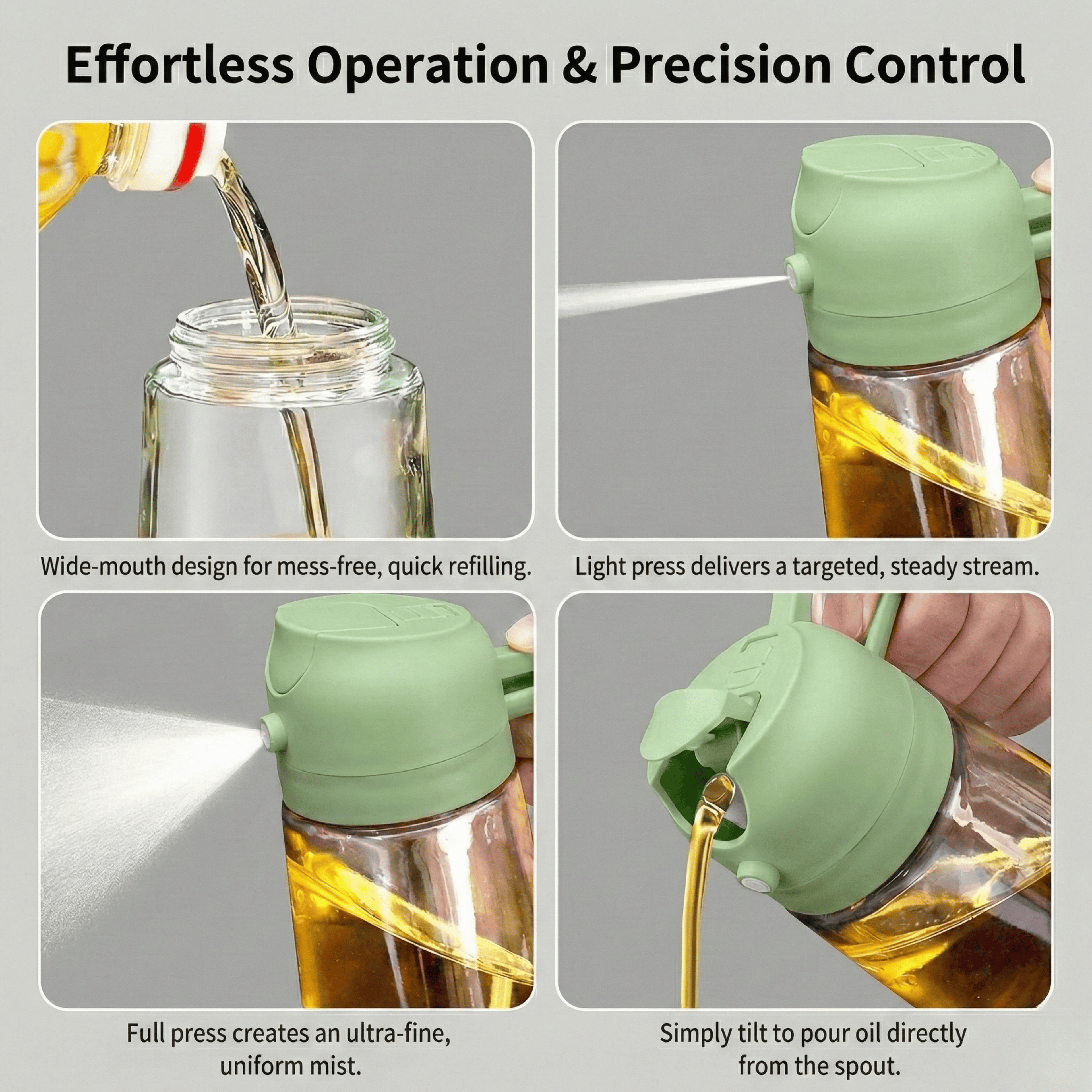 KINHOMS Primum Glass Oil Dispenser Bottle with Handle, Green, Wide Mouth Design, Precision Pour Spout, Leak-Proof, Kitchen Cooking Oil Container