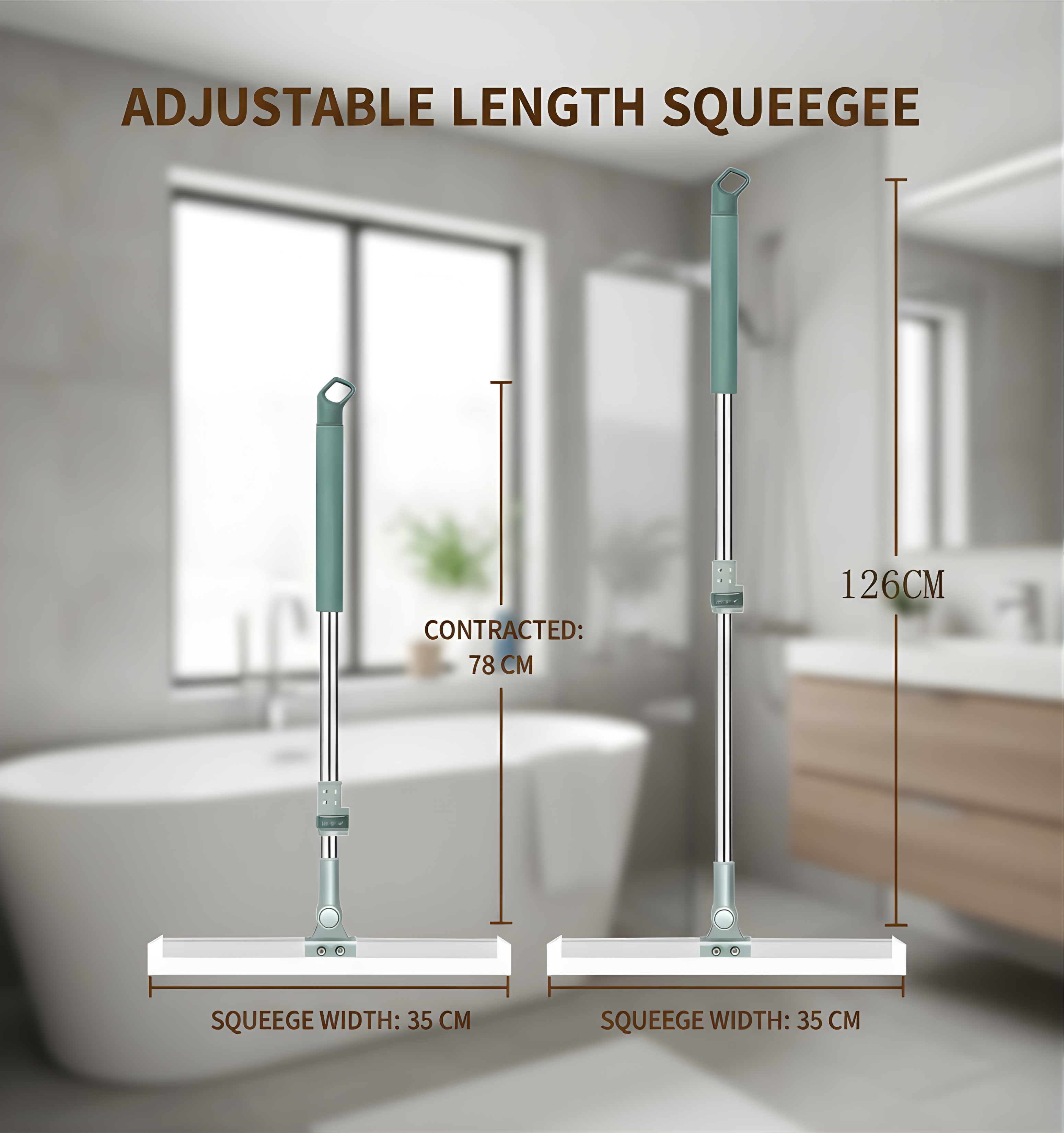 KINHOMS Adjustable Length Squeegee with Easy-Rinse Hydrophobic Blade, 78-126 cm Extendable, 50cm Width, Ultra-Thin Design for Bathroom and Floor Cleaning