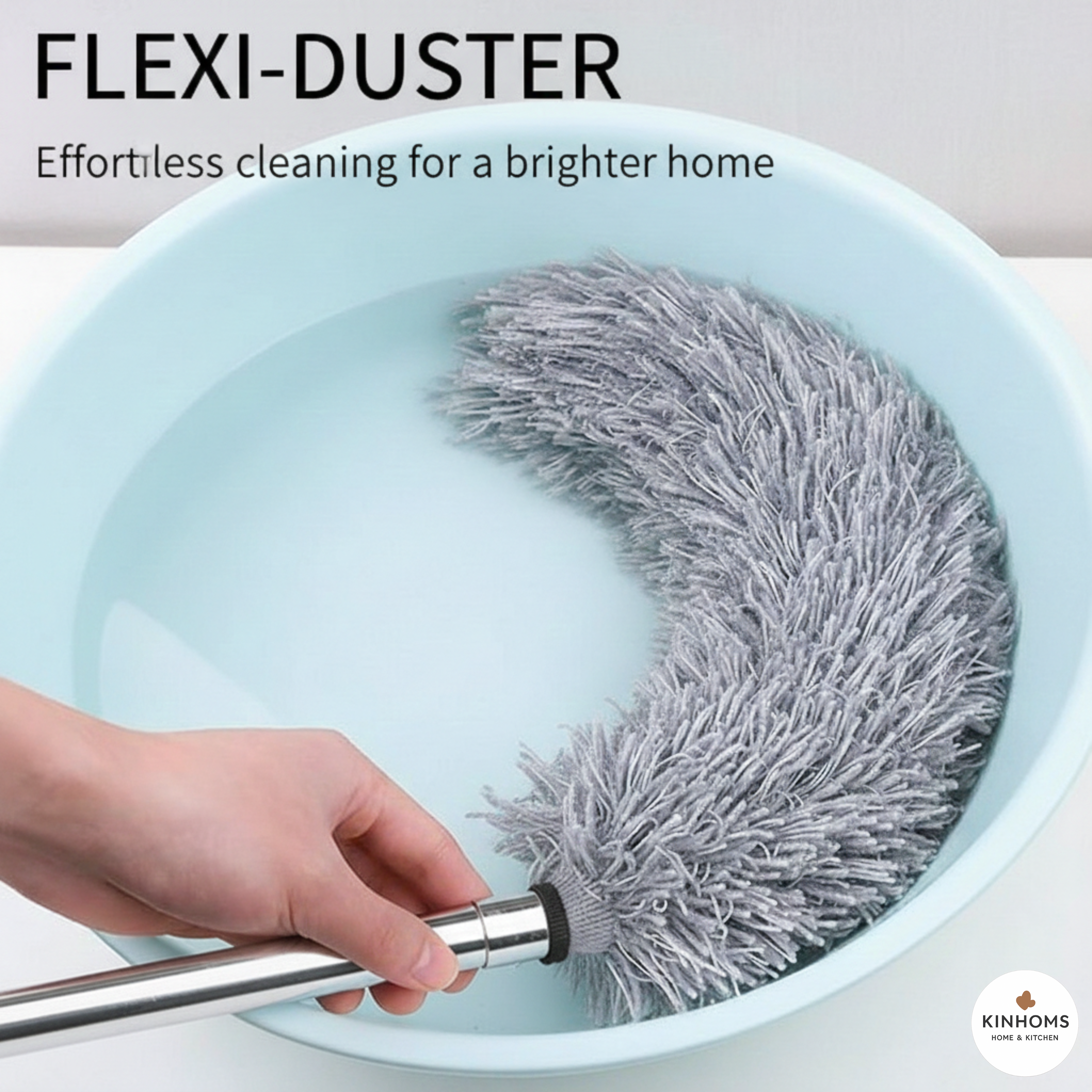 KINHOMS Extendable Microfiber Duster with Telescopic Pole, Flexible Head for Ceiling Fan, High Shelf, Washable Grey Cleaning Tool