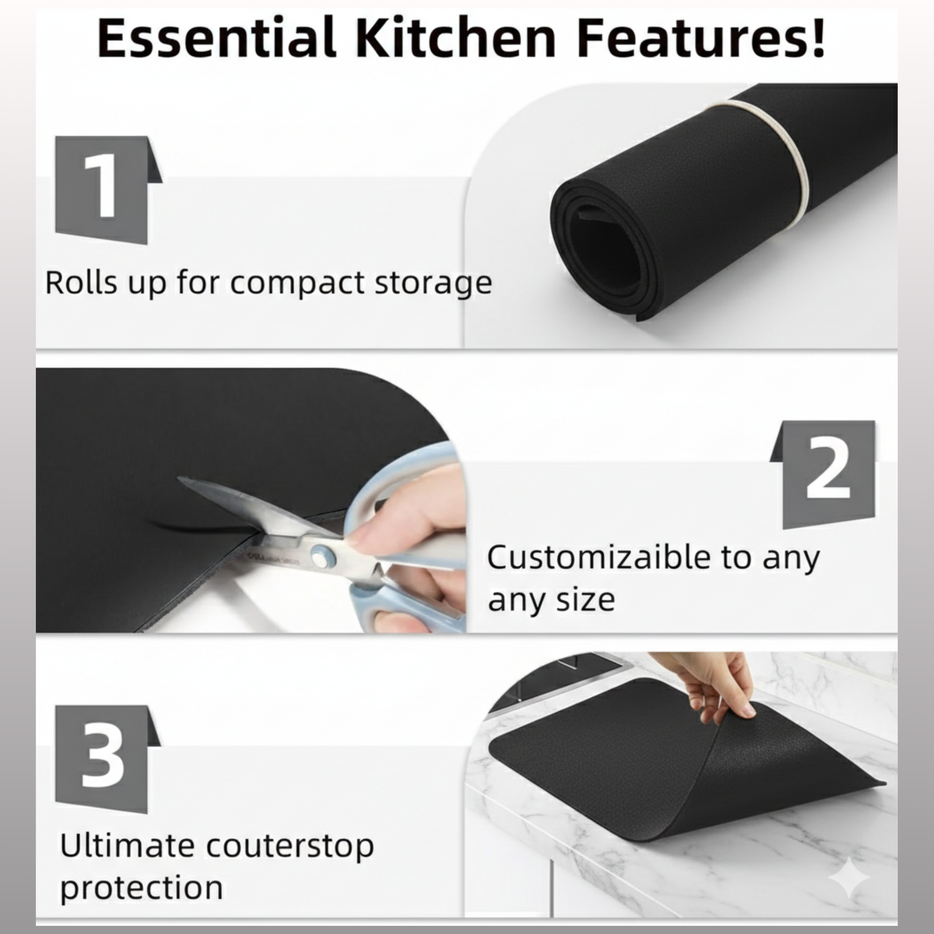 KINHOMS Kitchen Countertop Drying Mat, Super Absorbent Quick Dry Sink Mat, Anti-Slip Rubber Backing, Cut to Size, 60 x 40 cm, Black