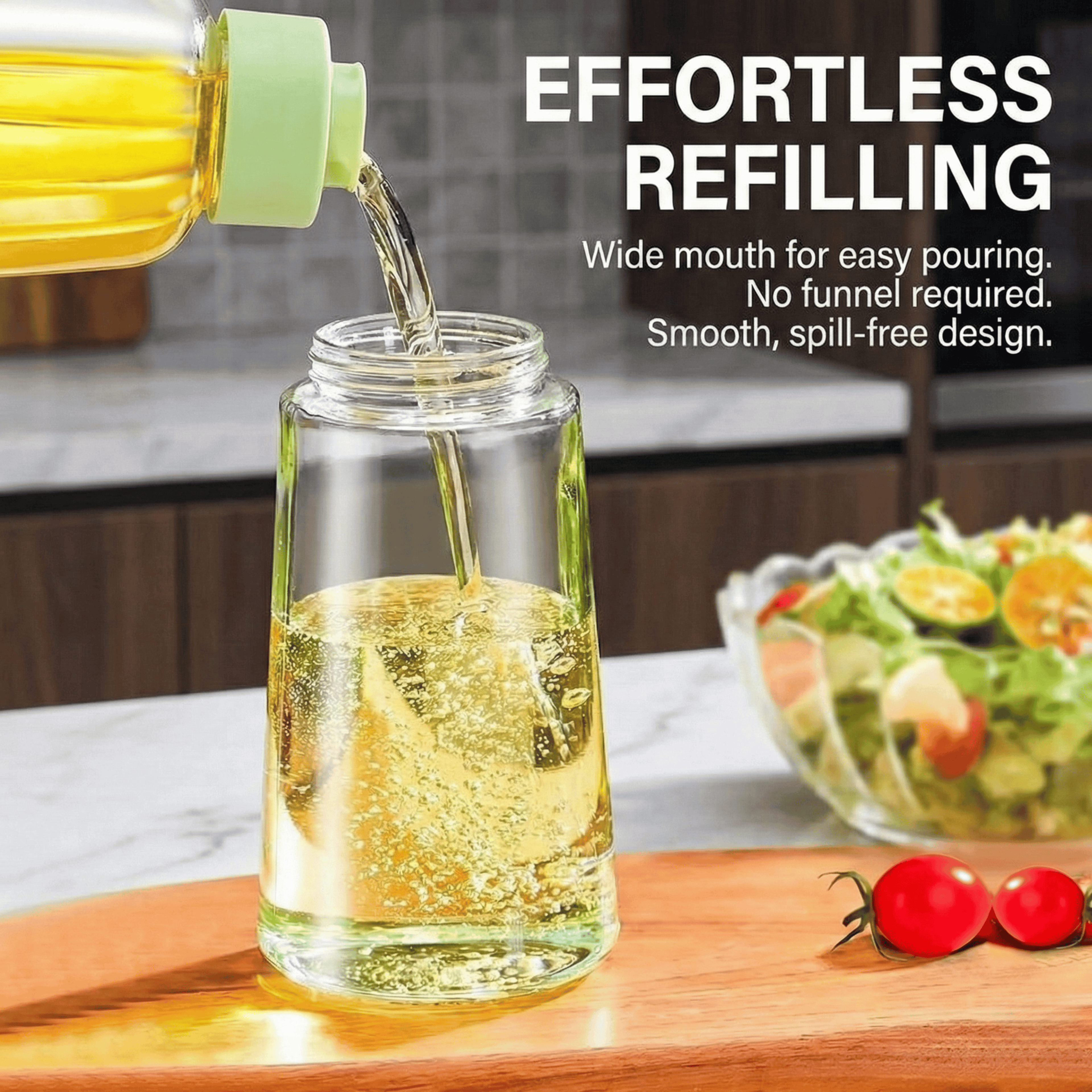 KINHOMS Primum Glass Oil Dispenser Bottle with Handle, Green, Wide Mouth Design, Precision Pour Spout, Leak-Proof, Kitchen Cooking Oil Container