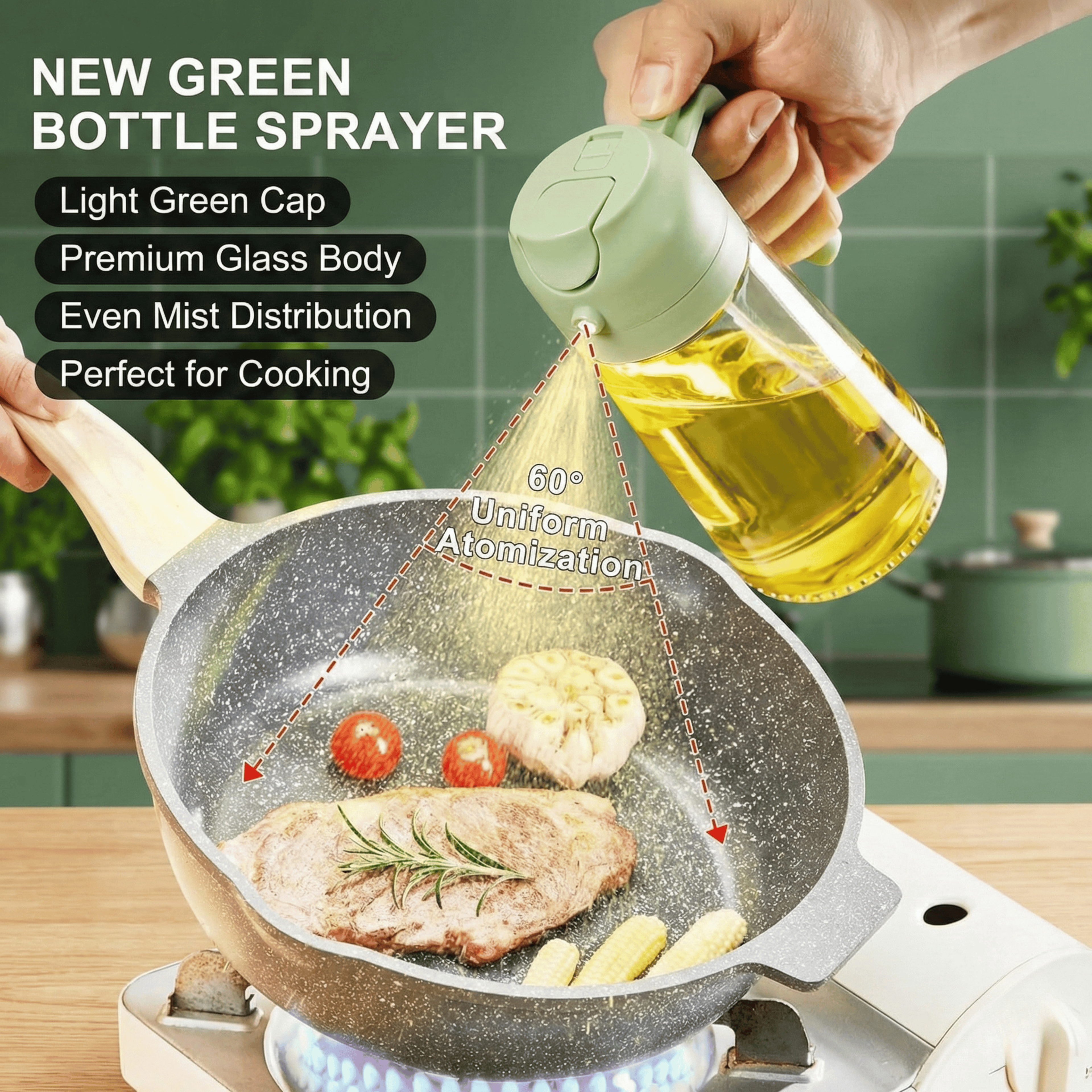 KINHOMS Primum Glass Oil Dispenser Bottle with Handle, Green, Wide Mouth Design, Precision Pour Spout, Leak-Proof, Kitchen Cooking Oil Container