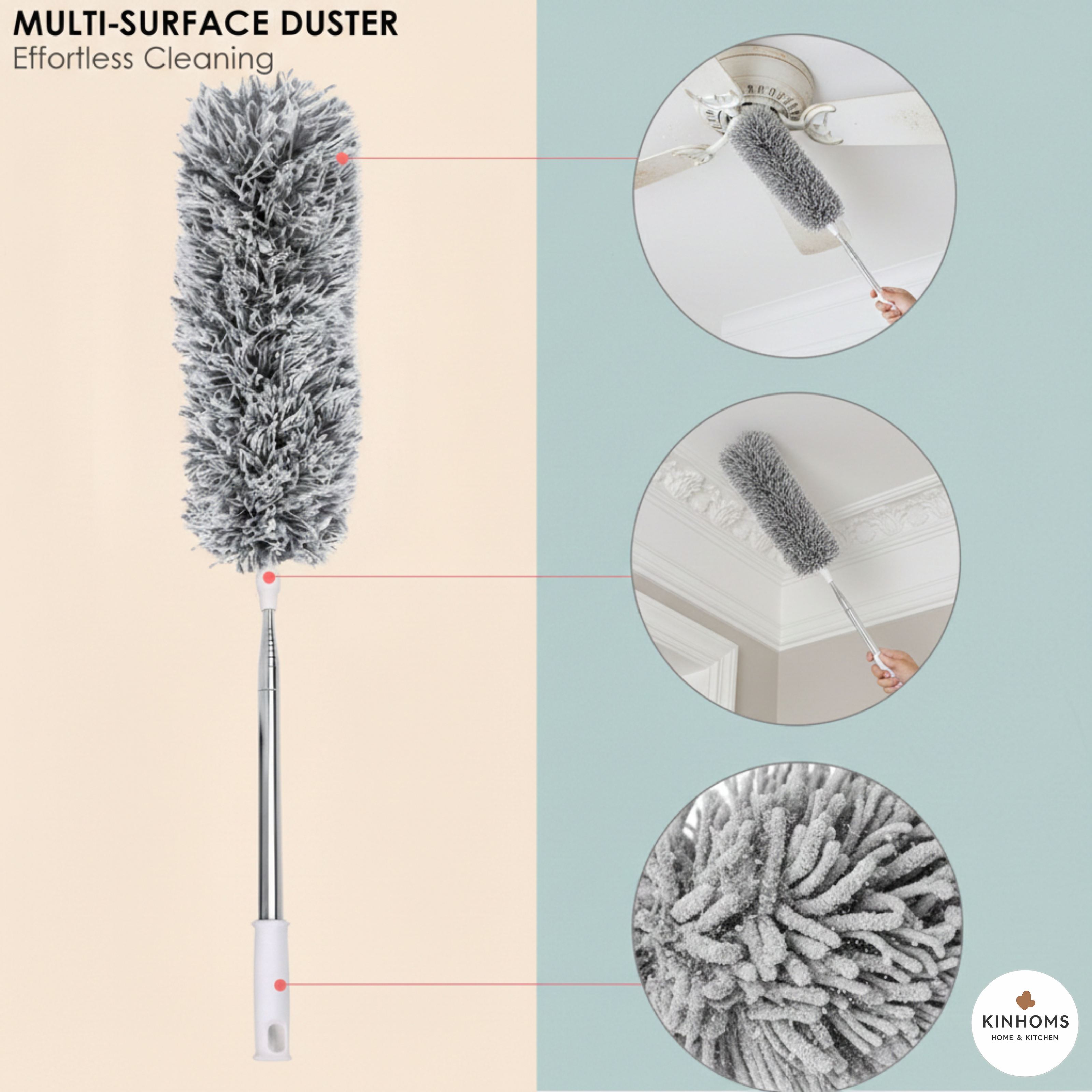 KINHOMS Extendable Microfiber Duster with Telescopic Pole, Flexible Head for Ceiling Fan, High Shelf, Washable Grey Cleaning Tool