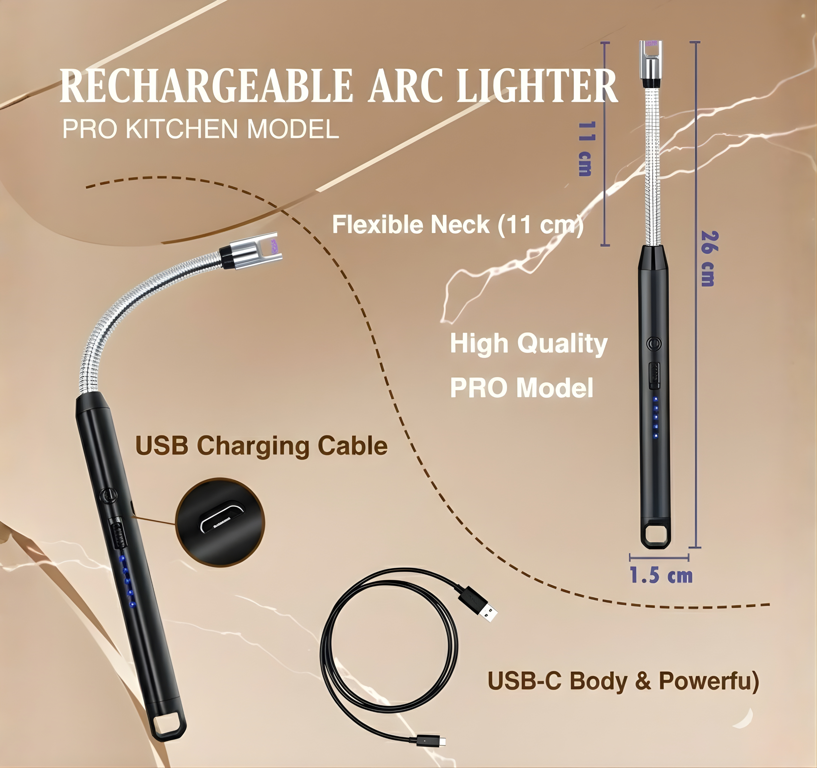 KINHOMS Primum Arc BBQ Lighter, USB-C Rechargeable, Flexible Neck, Safety Switch, Black