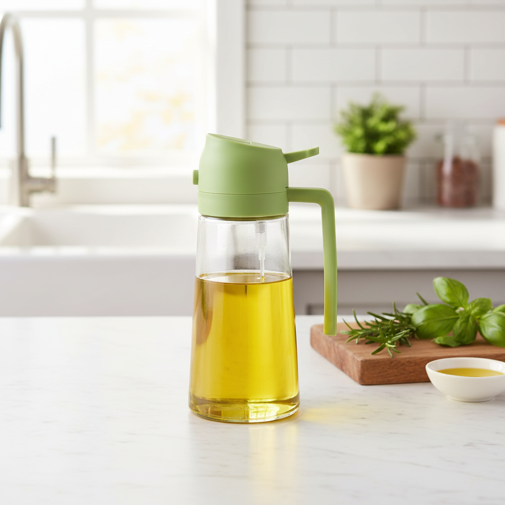 Green Glass Oil Dispenser in Modern Kitchen